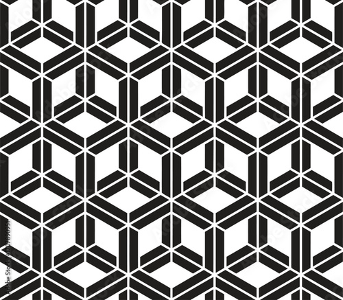 Geometric pattern of interlocking cubes in black and white