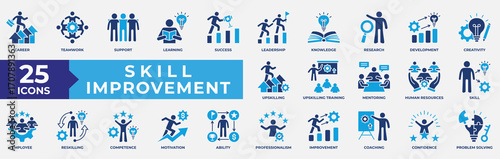 Skill Improvement Icons Set. Containing career, teamwork, skill, success, leadership, knowledge, upskilling, training and mentoring. Simple Flat Vector Illustration.