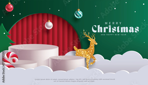 Elegant Merry Christmas greeting clipart with reindeer, ornaments, candy cane, and snowy paper cut clouds. Perfect for greeting cards, banners, posters, and seasonal decorations vector illustration,