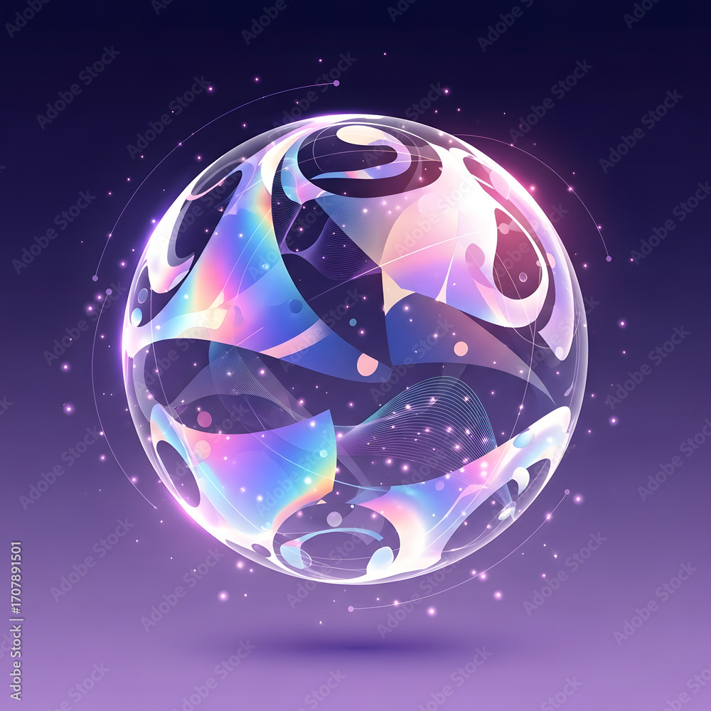 Fototapeta premium Abstract iridescent sphere with geometric elements and glowing particles, illustration