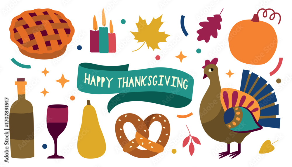 Fototapeta premium Thanksgiving Celebration Elements Set Vector Illustration. Festive Thanksgiving vector illustration featuring a turkey, pumpkin, pie, wine, and autumn leaves.