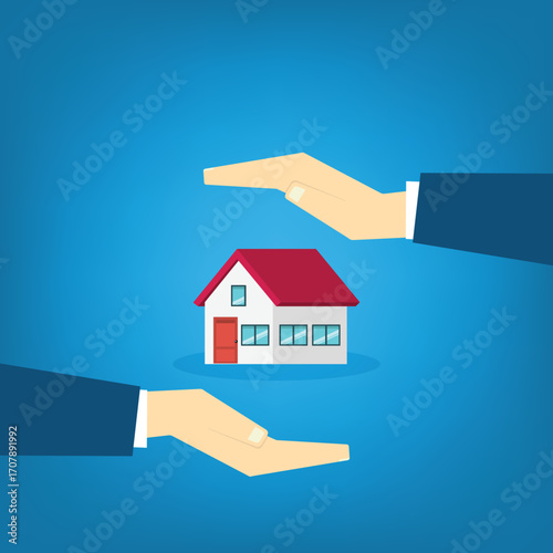House with a protective hands. For security concepts, protection of private property. Insurance, mortgage, credit.	