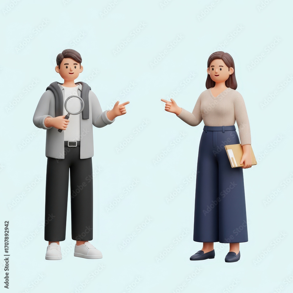Fototapeta premium 돋보기와 서류를 든 남녀 캐릭터의 정보 전달 3D 일러스트