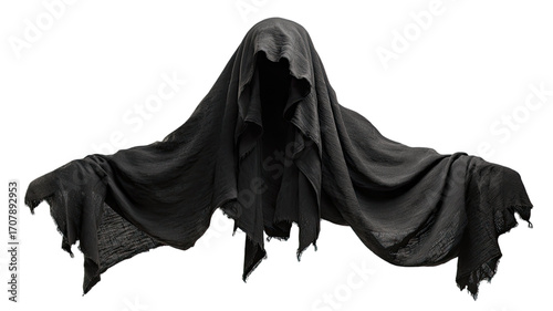 Floating Empty Black Hooded Cloak with Mysterious Dark Aura for Spooky Halloween Costume and Fantasy Decoration isolated on white background