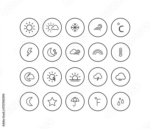 Weather icon set. Weather forecast icon. Cloud logo. Weather, cloud, sunny day, moon, snowflake, wind, sunny day. Vector illustration
