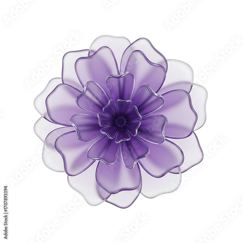 Lavender translucent flower 3D render, layered petals illustration, abstract blooming floral icon.