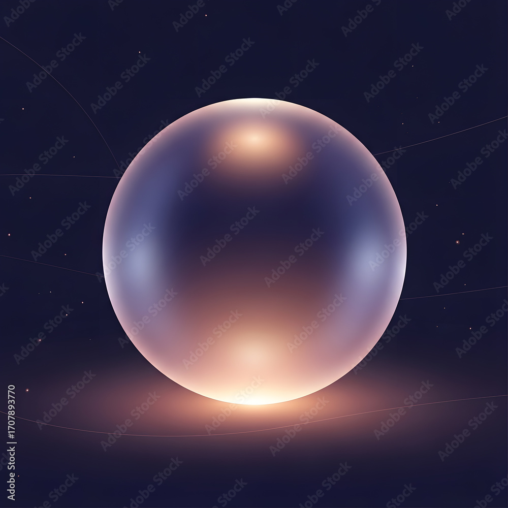 Obraz premium Luminous sphere floating against dark cosmic background with stars and thin lines, ethereal glow