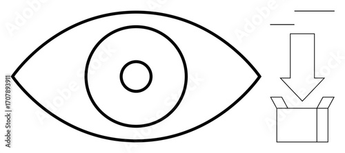 Eye with concentric circles beside downward arrow and open box, symbolizing observation, focus, and action. Ideal for concepts thumbs up insight, exploration, idea generation, packaging, process