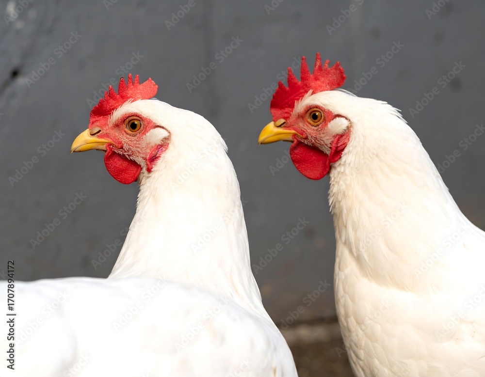 Fototapeta premium Two white chickens, side profile