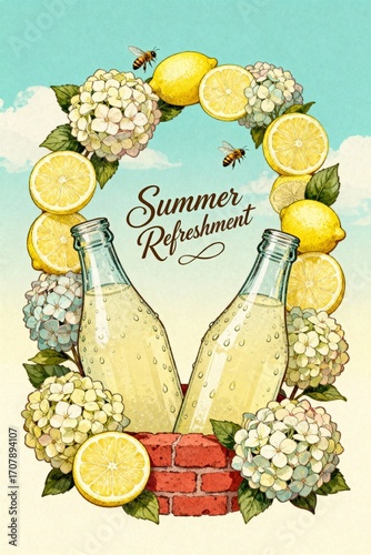 Vintage lemonade bottles surrounded by flowers and lemons in summer  