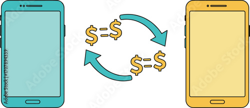 Vector illustration of mobile money transfer between smartphones with dollar symbols, representing online payment, digital transaction, mobile banking, fintech, finance, and e-wallet concept