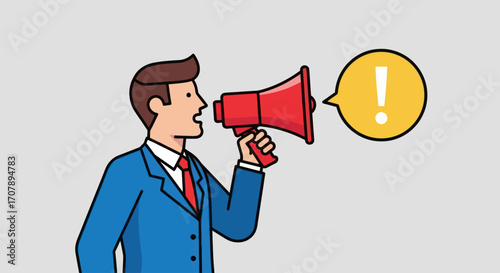 Man speaking loudly using a megaphone to announce something.