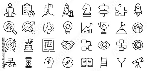Business success strategy elements concept showing diverse elements for achievement innovation leadership planning ambition and teamwork for professional progress and market