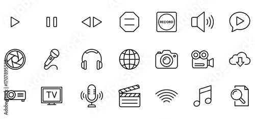 Multimedia icons for streaming services video and audio production recording and entertainment set of minimalistic style vector symbols for ui web or mobile app content