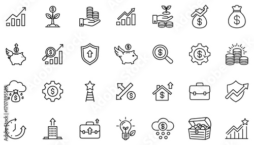 Outline icons illustrating financial growth and investment strategies highlighting asset management and business development related to monetary gain and economic improvement
