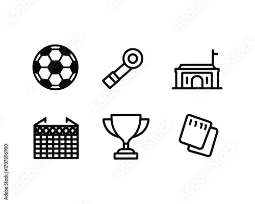 A set of six minimalist black line vector icons for soccer or football themes, featuring a ball, goal, stadium, trophy, tickets, and an opener
