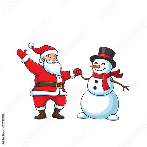 Cheerful Santa Claus and adorable snowman dancing happily, embodying festive winter spirit