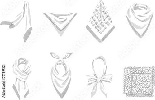 Vector set of hand-drawn scarf and bandana styles, fashion accessories illustration for neckwear, headwear, fabric design or style guide