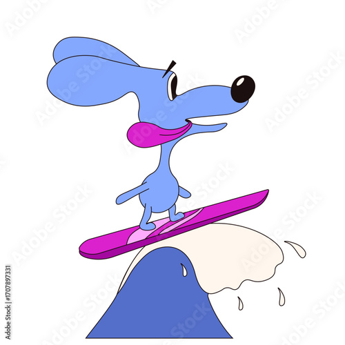 Silly vector dog on the surfboard. Surf club summer theme isolated transparent. Kids Summer print design with animal on the wave. Perfect nursery art child poster cover template design. Editable