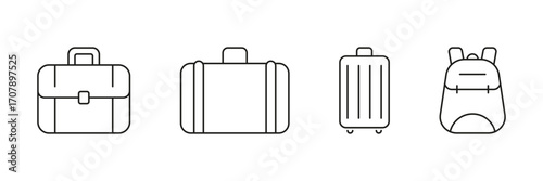 Briefcase, Suitcase, Luggage, And Backpack Line Icon Set. Travel And Business Bag Outline Symbol Collection. Versatile Baggage And Carrying Solutions. Editable Stroke. Isolated Vector Illustration