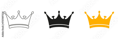 Royal Crown Emblem Line and Solid Icon Set. King and queen ceremonial crown vector silhouettes. Symbol Collection. Isolated Vector Illustration