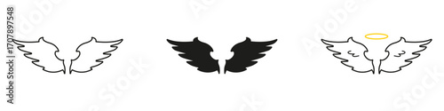 Fantasy Feather Angel Wings Line And Solid Icon Set. Dynamic Sacred Symbols With Halo And Ascension Motifs For Magical Celestial Themes. Symbol Collection. Isolated Vector Illustration