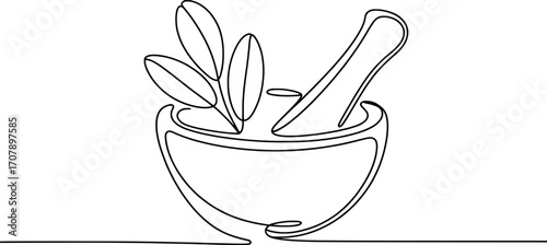 Mortar pestle with leaves line art herbal grinding