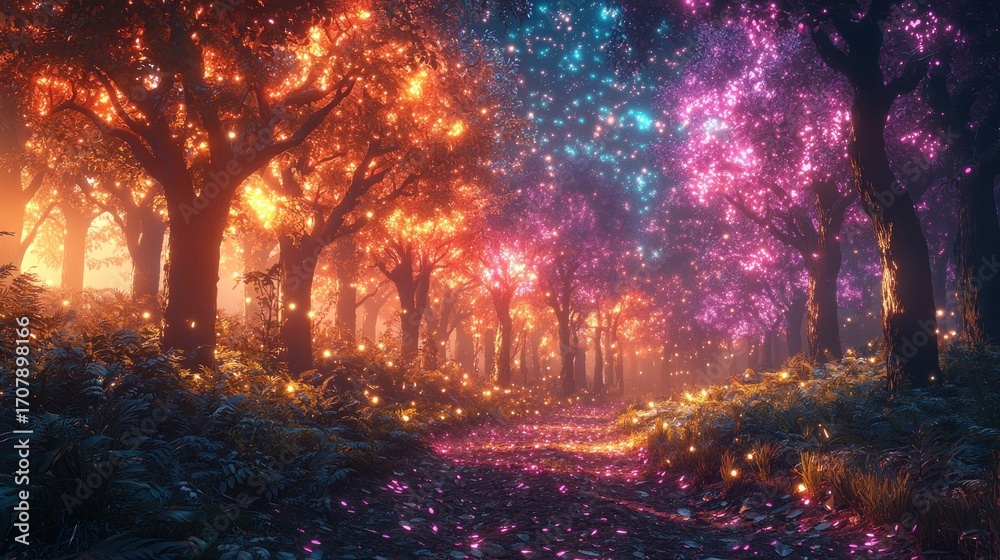 Fototapeta premium Magical forest path with glowing trees and sparkling lights.