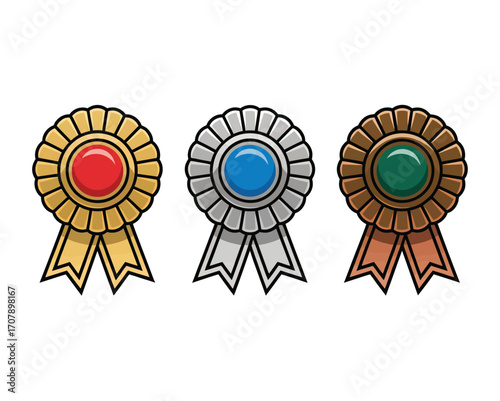 Vector illustration set of three prize-winning rosettes. Gold, silver, and bronze medals representing first, second, and third place for winners, isolated on a white background
