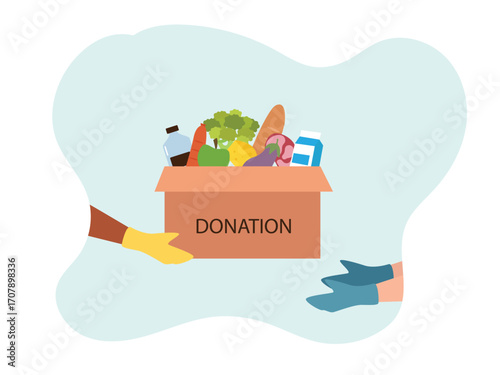 Sharing food to people. Food donation concept. People hand holding donation box full of food. verity of grocery products for homeless people in shelter vector illustration.
