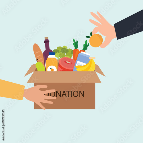 Sharing food to people. Food donation concept. People hand holding donation box full of food. verity of grocery products for homeless people in shelter vector illustration.