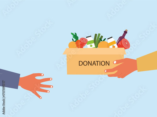 Sharing food to people. Food donation concept. People hand holding donation box full of food. verity of grocery products for homeless people in shelter vector illustration.
