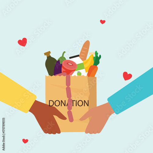 Sharing food to people. Food donation concept. People hand holding donation box full of food. verity of grocery products for homeless people in shelter vector illustration.