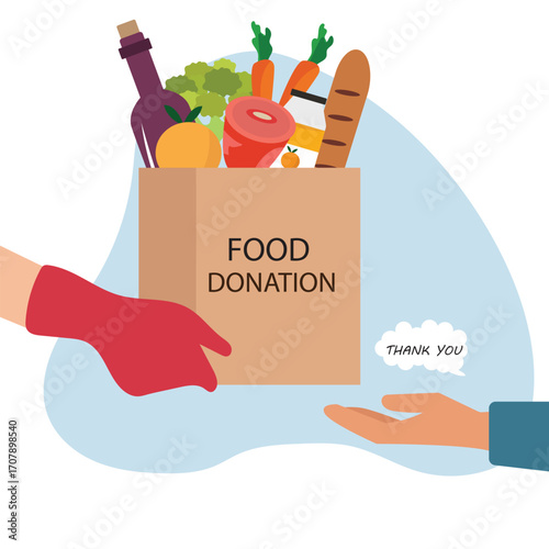 Sharing food to people. Food donation concept. People hand holding donation box full of food. verity of grocery products for homeless people in shelter vector illustration.