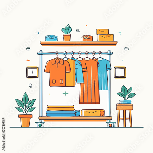 Clothing Rack With Orange Blue And Brown Garments In Minimalist Room