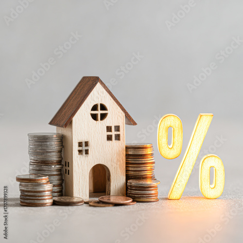 A wooden house model beside stacks of coins, with a glowing percentage symbol, symbolizing finance, investment, or mortgage rates.
