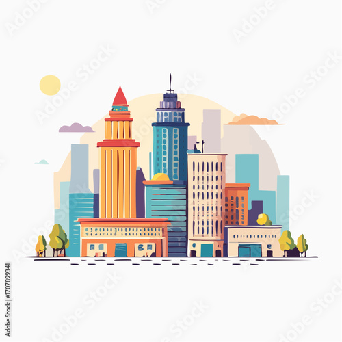 Pixel Art Cityscape With Colorful Buildings And Sunset