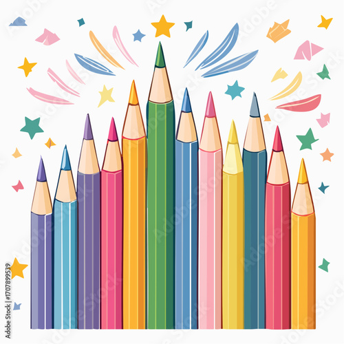 Set Of Colorful Pencils With Festive Starburst