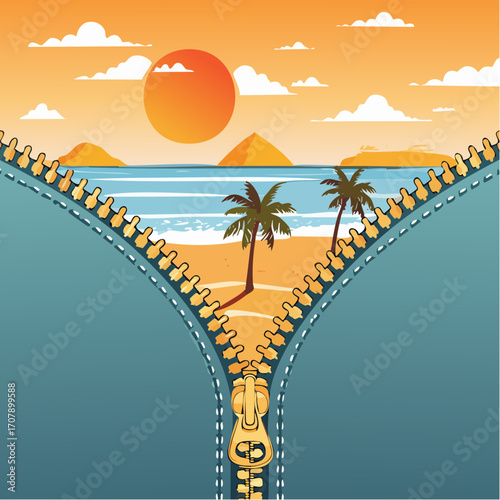 Pixel Art Tropical Beach Sunset Revealed By Open Zipper