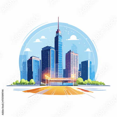Modern Cityscape with Skyscrapers and Highway at Sunset