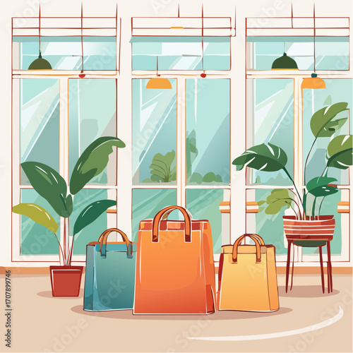 Shopping Bags by Window in Modern Room with Potted Plants