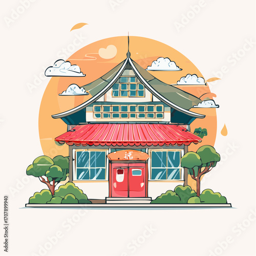 Pixel Art Illustration of a Traditional Japanese House at Sunset