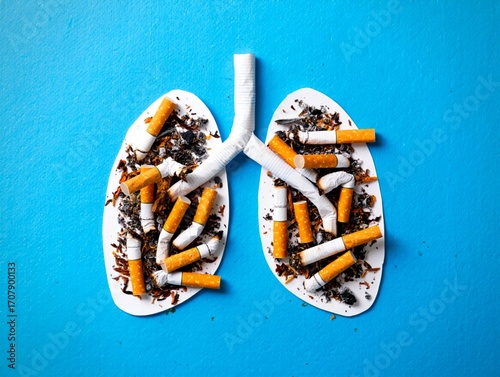 Quadro su tela Conceptual image of lungs filled with cigarette butts and ash on a blue background, symbolizing the devastating impact of smoking on respiratory health
