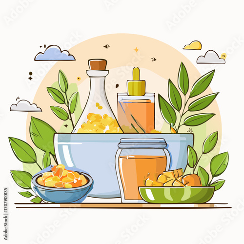 Natural Herbal Remedies and Ingredients in Pastel Colors