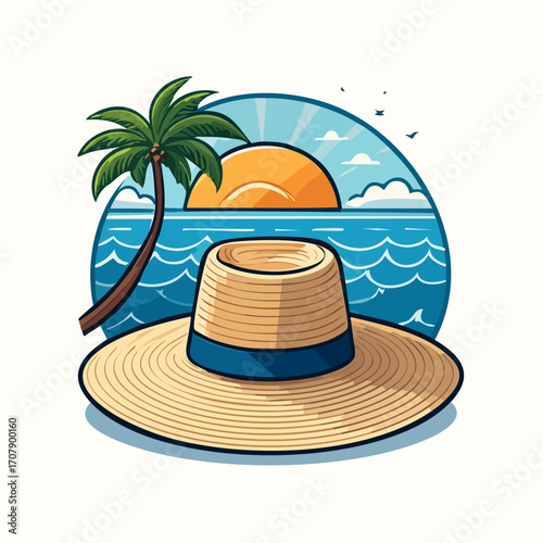 Straw Hat on Beach with Palm Tree and Sunset
