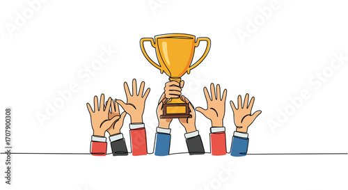 teamwork hands lifting golden trophy together in celebration