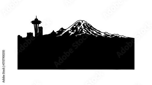 Seattle skyline and mount rainier with transparent background