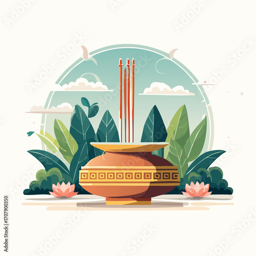 Incense Sticks in Pot with Tropical Plants and Sky