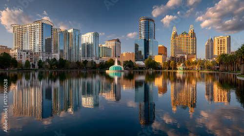 Fototapeta Naklejka Na Ścianę i Meble -  orlando florida usa downtown city skyline on eola lake no logos no brands