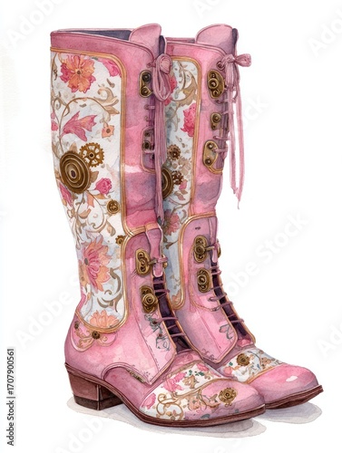 Watercolor painting of a pair of pink, high-heeled, knee-high boots with intricate floral and steampunk-inspired designs.  The boots feature laces and decorative metal accents